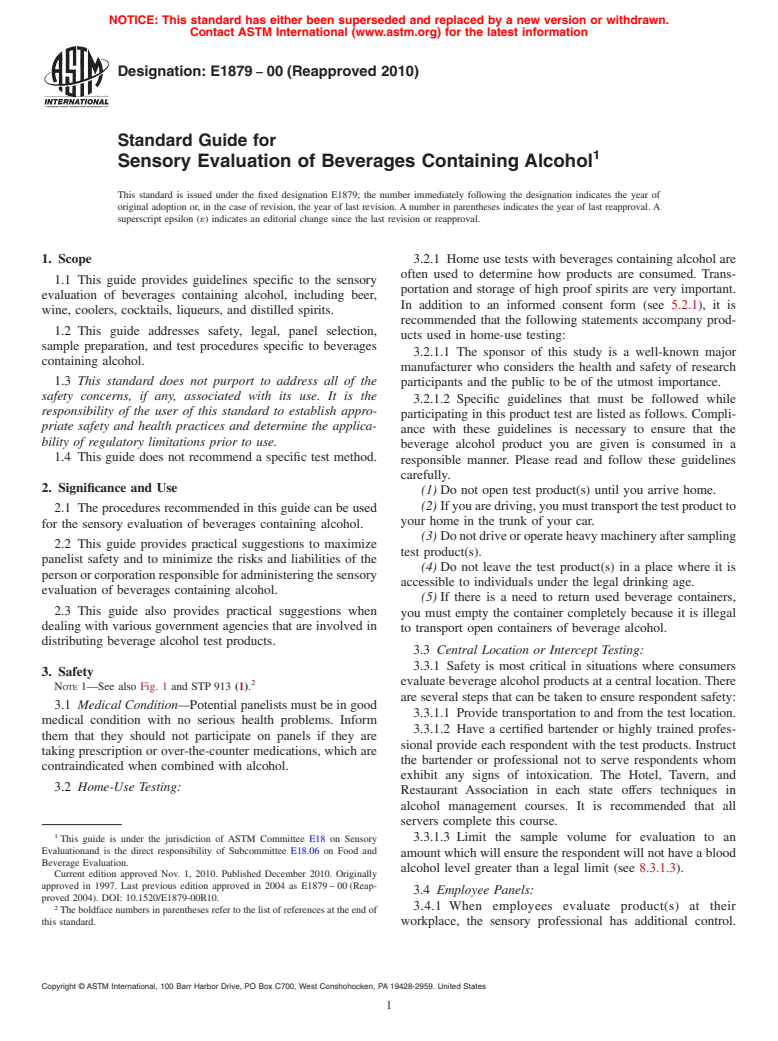 ASTM E1879-00(2010) - Standard Guide for Sensory Evaluation of Beverages Containing Alcohol