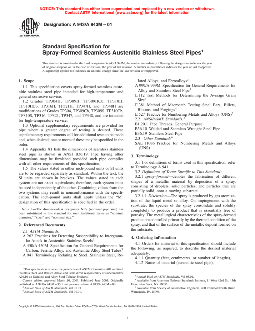 ASTM A943/A943M-01 - Standard Specification for Spray-Formed Seamless Austenitic Stainless Steel Pipes