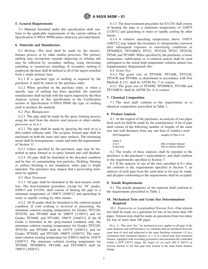 ASTM A943/A943M-01 - Standard Specification for Spray-Formed Seamless Austenitic Stainless Steel Pipes