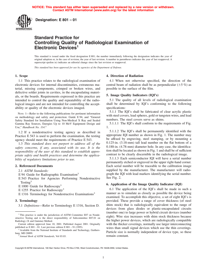 ASTM E801-01 - Standard Practice for Controlling Quality of Radiological Examination of Electronic Devices