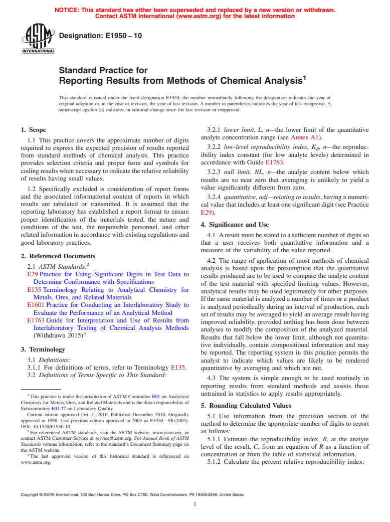 ASTM E1950-10 - Standard Practice for Reporting Results from Methods of Chemical Analysis