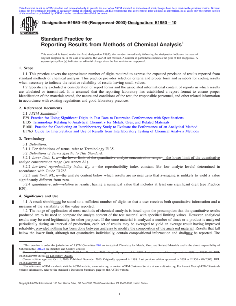 REDLINE ASTM E1950-10 - Standard Practice for Reporting Results from Methods of Chemical Analysis