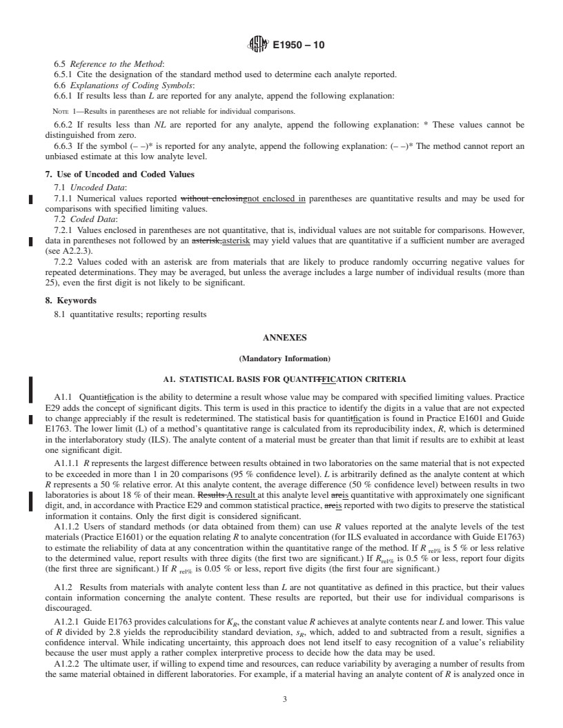 REDLINE ASTM E1950-10 - Standard Practice for Reporting Results from Methods of Chemical Analysis