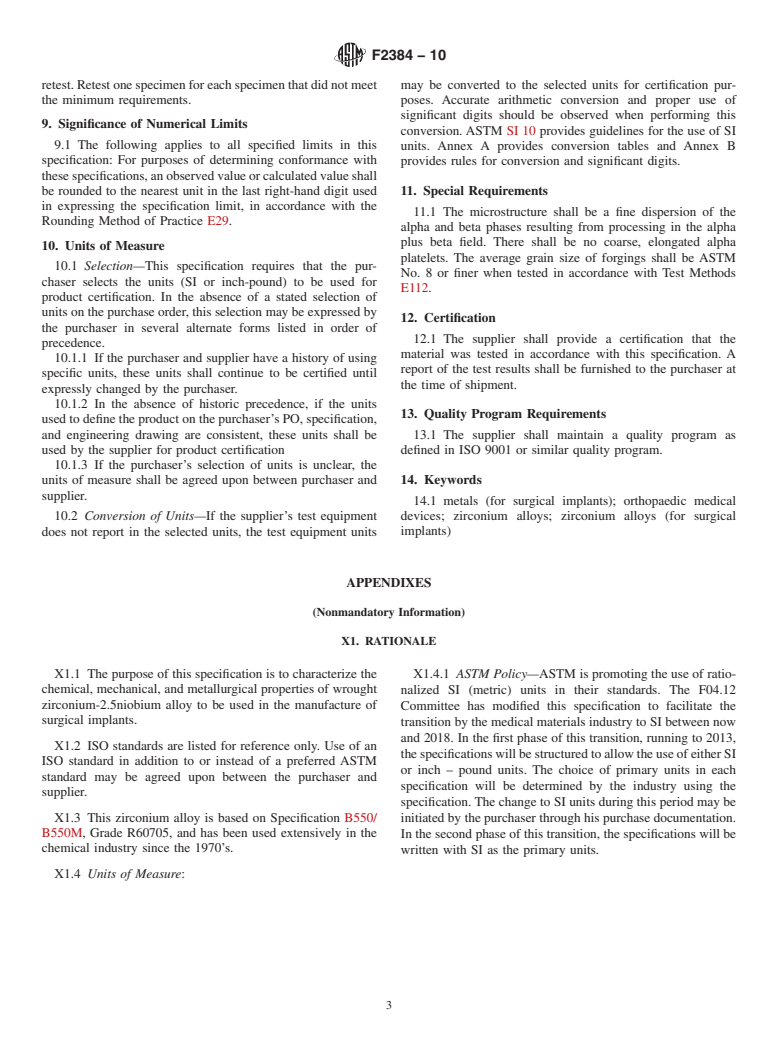 ASTM F2384-10 - Standard Specification for Wrought Zirconium-2.5Niobium Alloy for Surgical Implant Applications (UNS R60901)