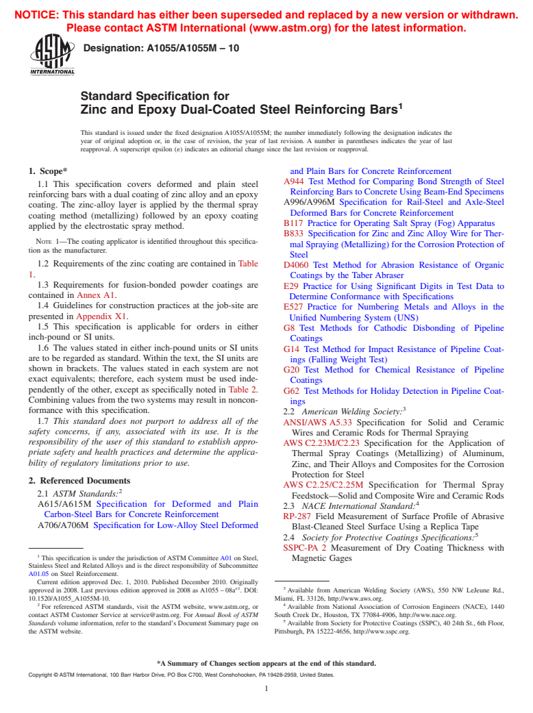 ASTM A1055/A1055M-10 - Standard Specification for Zinc and Epoxy Dual-Coated Steel Reinforcing Bars