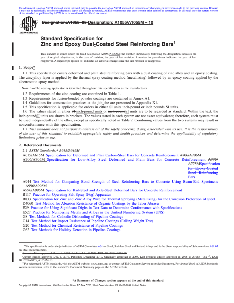 REDLINE ASTM A1055/A1055M-10 - Standard Specification for Zinc and Epoxy Dual-Coated Steel Reinforcing Bars