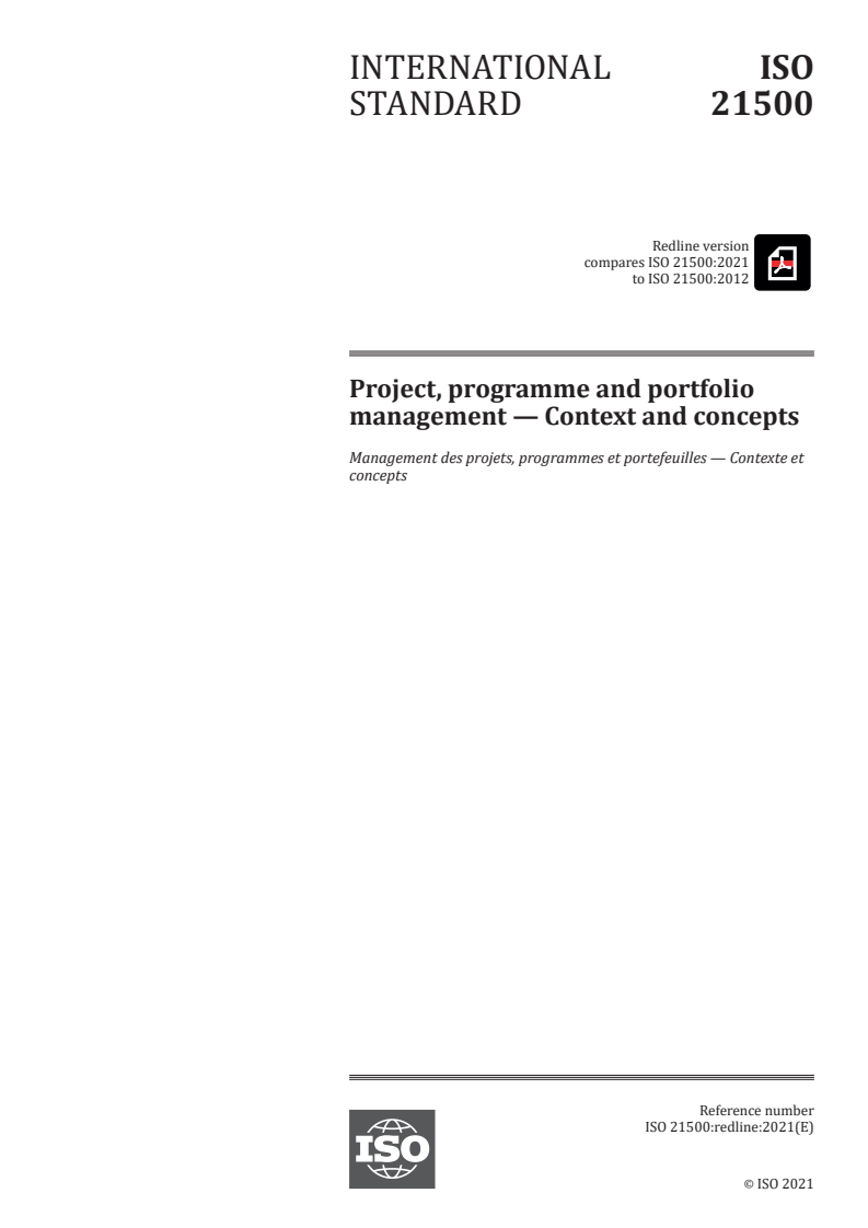 REDLINE ISO 21500:2021 - Project, programme and portfolio management — Context and concepts
Released:3/16/2021