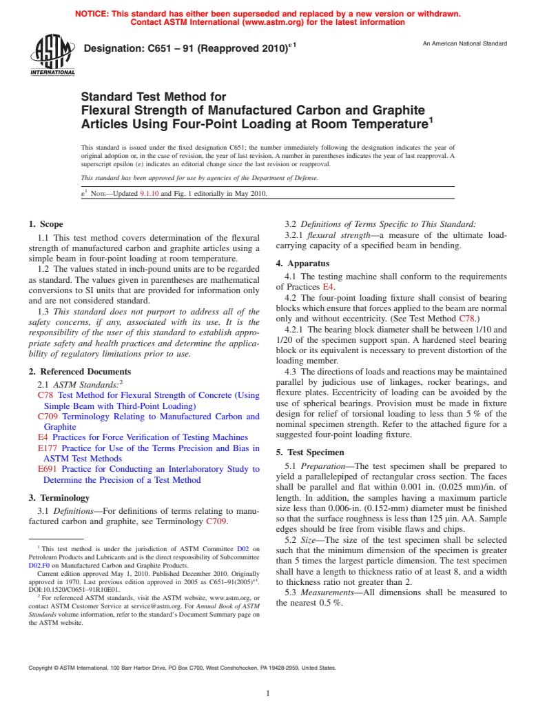 ASTM C651-91(2010)e1 - Standard Test Method for Flexural Strength of Manufactured Carbon and Graphite Articles Using Four-Point Loading at Room Temperature