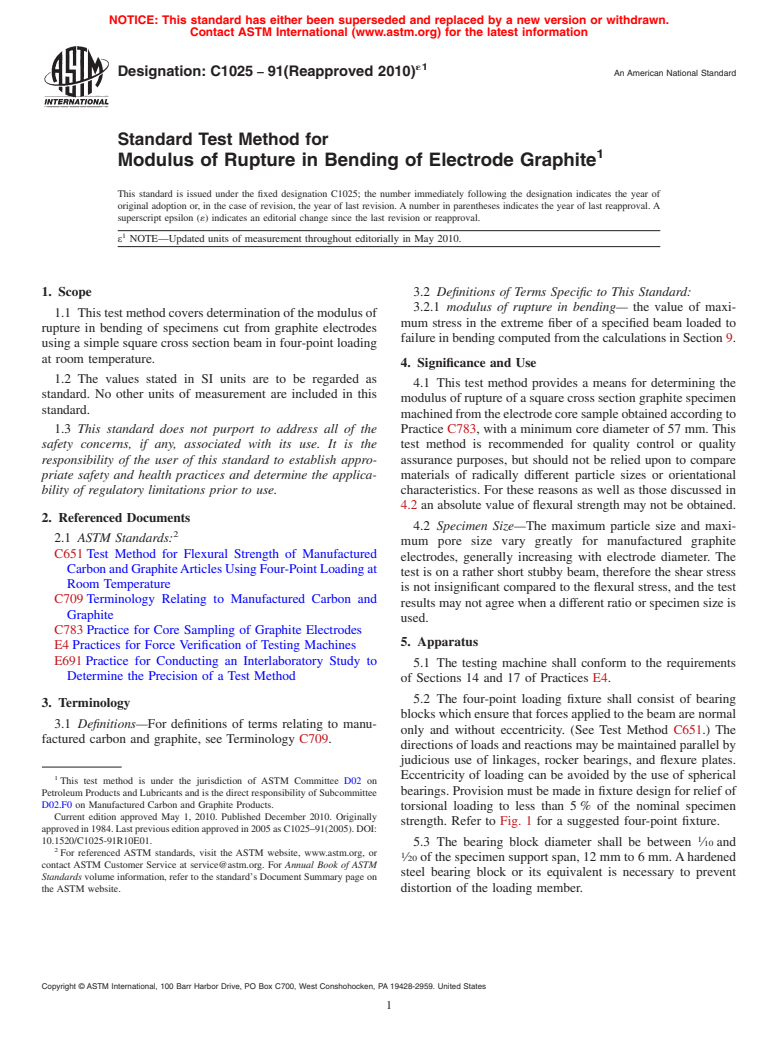 ASTM C1025-91(2010)e1 - Standard Test Method for Modulus of Rupture in Bending of Electrode Graphite