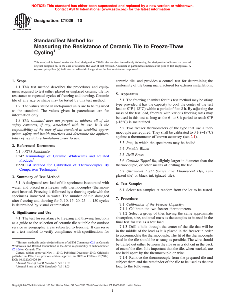 ASTM C1026-10 - Standard Test Method for Measuring the Resistance of Ceramic Tile to Freeze-Thaw Cycling