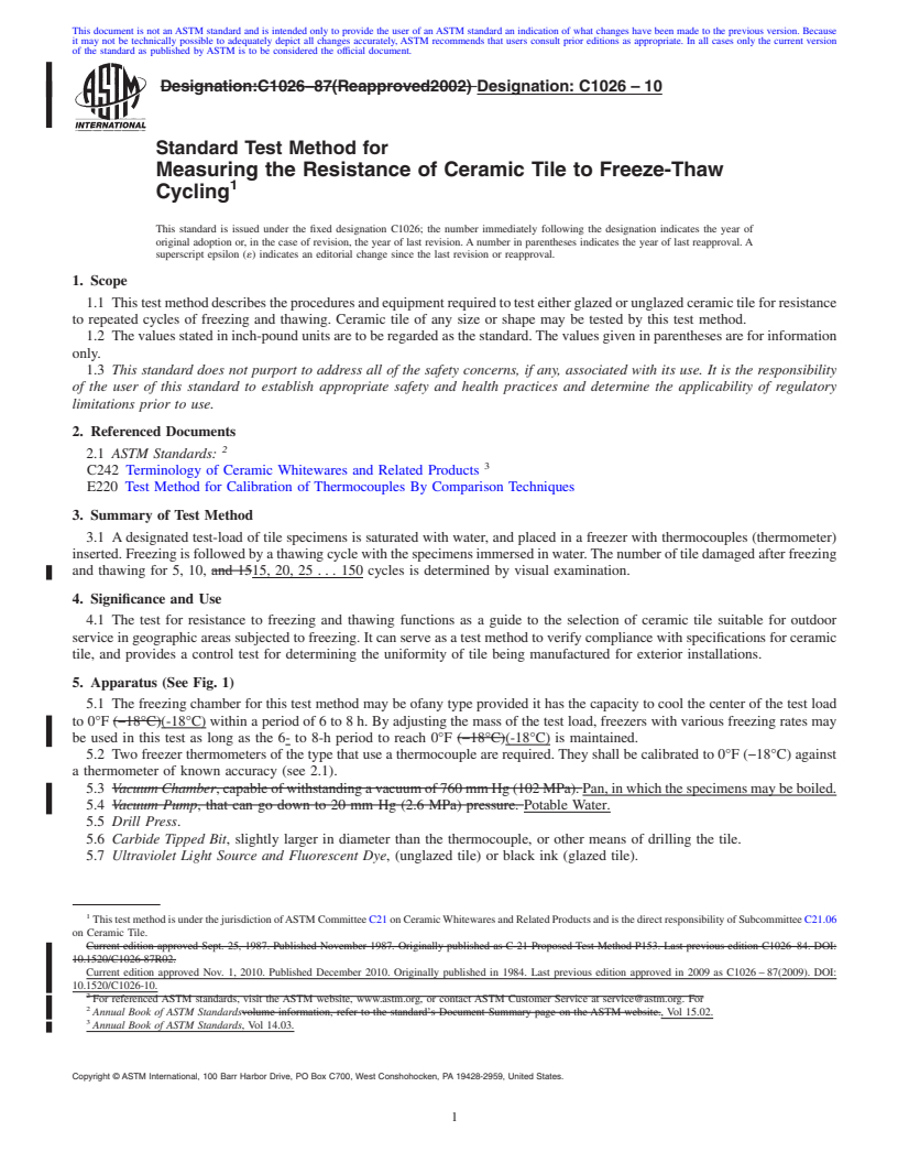 REDLINE ASTM C1026-10 - Standard Test Method for Measuring the Resistance of Ceramic Tile to Freeze-Thaw Cycling