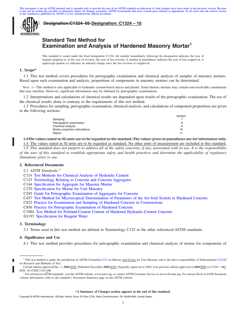 REDLINE ASTM C1324-10 - Standard Test Method for Examination and Analysis of Hardened Masonry Mortar