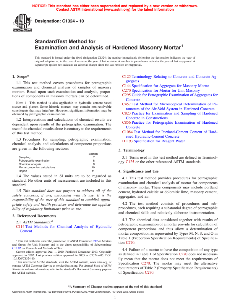 ASTM C1324-10 - Standard Test Method for Examination and Analysis of Hardened Masonry Mortar