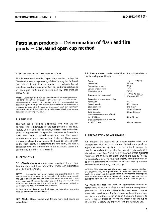 ISO 2592:1973 - Petroleum products -- Determination of flash and fire points -- Cleveland open cup method