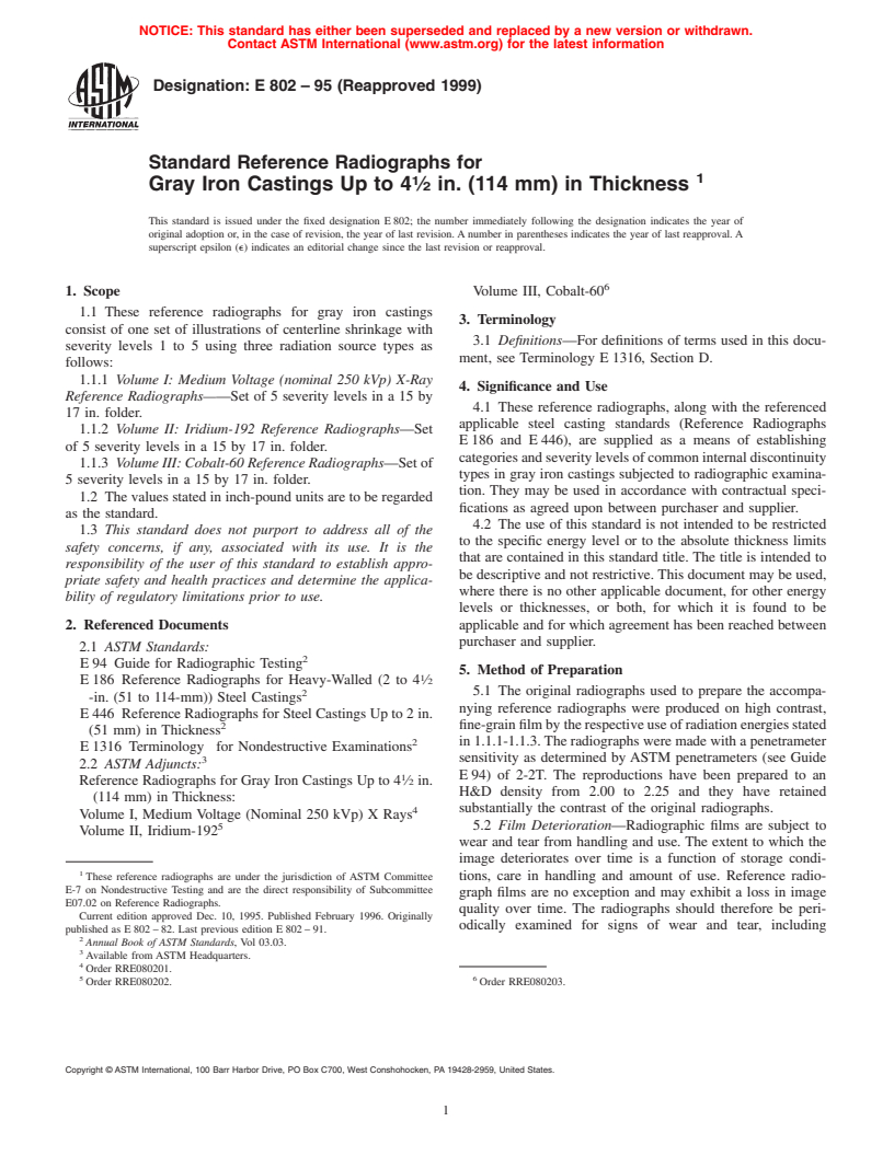 ASTM E802-95(1999) - Standard Reference Radiographs for Gray Iron Castings Up to 4 1/2 in. (114 mm) in Thickness