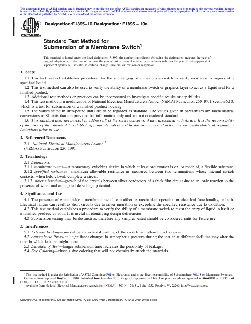 REDLINE ASTM F1895-10a - Practice for Submersion of a Membrane Switch