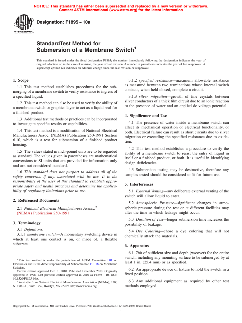 ASTM F1895-10a - Practice for Submersion of a Membrane Switch