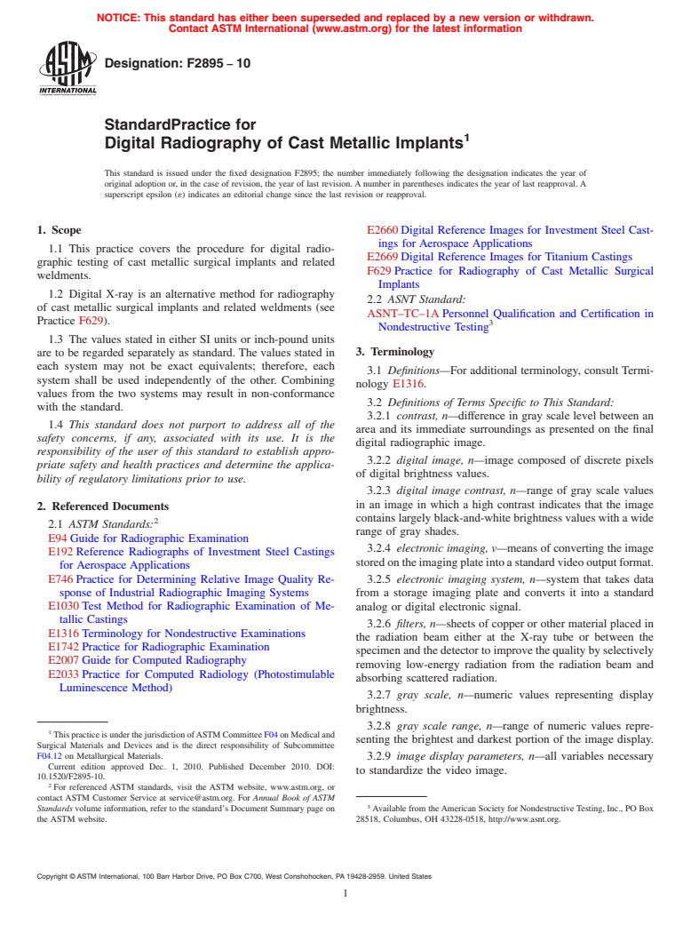 ASTM F2895-10 - Standard Practice for Digital Radiography of Cast Metallic Implants