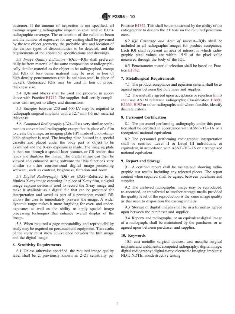 ASTM F2895-10 - Standard Practice for Digital Radiography of Cast Metallic Implants