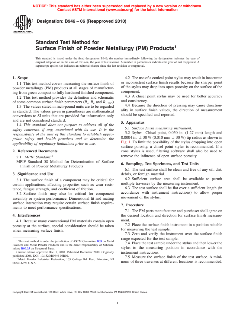 ASTM B946-06(2010) - Standard Test Method for Surface Finish of Powder Metallurgy (P/M) Products