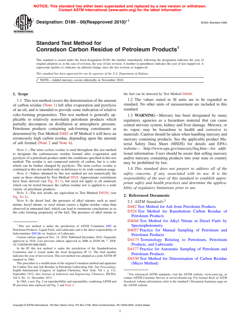 ASTM D189-06(2010)e1 - Standard Test Method for Conradson Carbon Residue of Petroleum Products