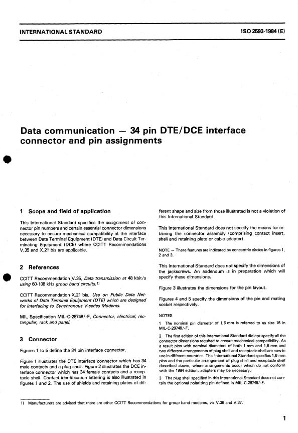 ISO 2593:1984 - Data communication -- 34 pin DTE/DCE interface connector and pin assignments