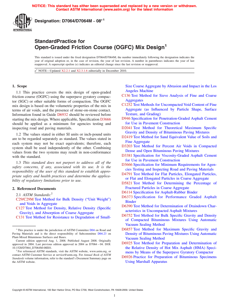 ASTM D7064/D7064M-08e1 - Standard Practice for Open-Graded Friction Course (OGFC) Mix Design