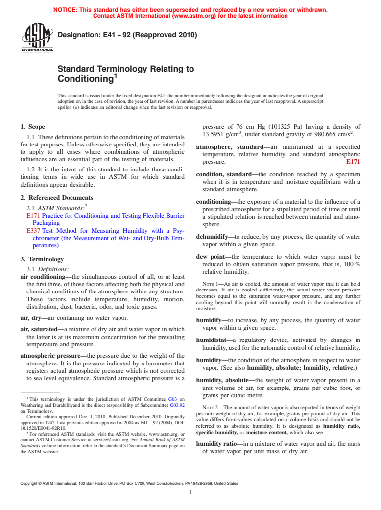ASTM E41-92(2010) - Terminology Relating to Conditioning (Withdrawn 2019)