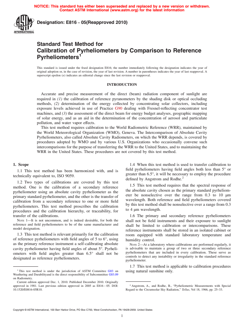 ASTM E816-05(2010) - Standard Test Method for Calibration of Pyrheliometers by Comparison to Reference Pyrheliometers