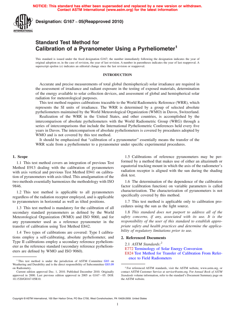 ASTM G167-05(2010) - Standard Test Method for Calibration of a Pyranometer Using a Pyrheliometer