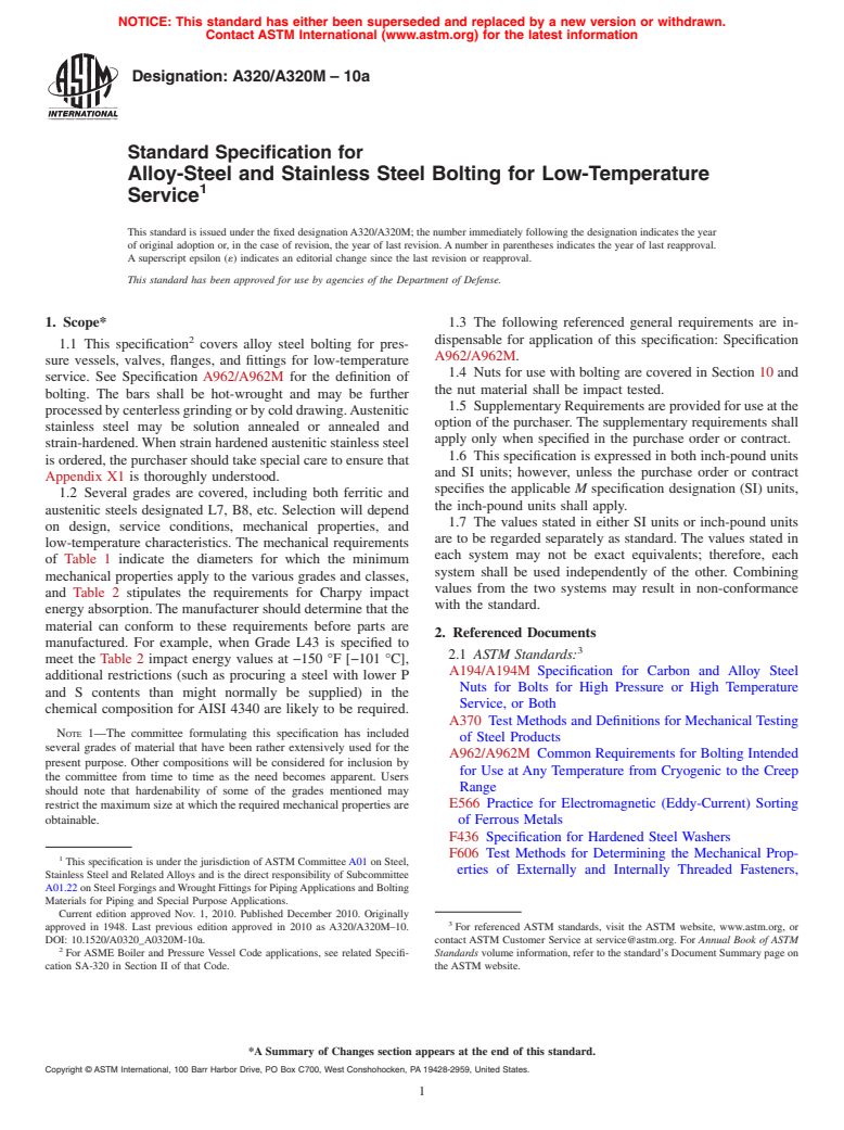 ASTM A320/A320M-10a - Standard Specification for  Alloy-Steel and Stainless Steel Bolting for Low-Temperature Service