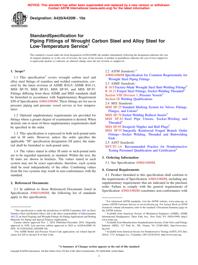 ASTM A420/A420M-10a - Standard Specification for Piping Fittings of Wrought Carbon Steel and Alloy Steel for Low-Temperature Service