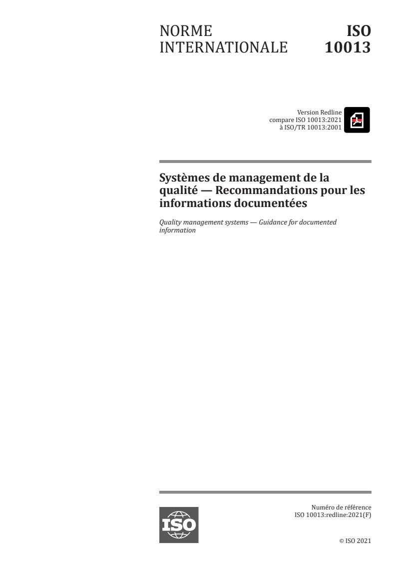 ISO 10013:2021REDLINE - Systemes de management de la qualité -- Recommandations pour les informations documentées
