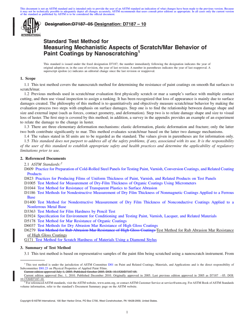 REDLINE ASTM D7187-10 - Standard Test Method for Measuring Mechanistic Aspects of Scratch/Mar Behavior of Paint Coatings by Nanoscratching