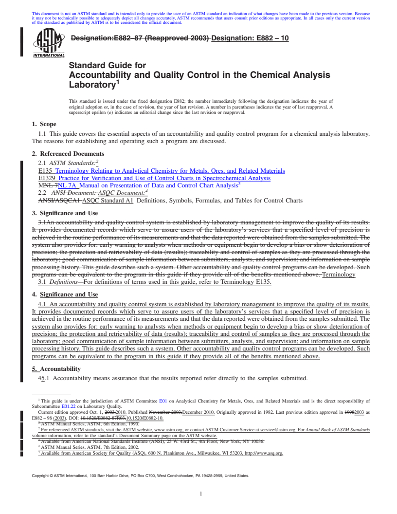 REDLINE ASTM E882-10 - Standard Guide for  Accountability and Quality Control in the Chemical Analysis Laboratory