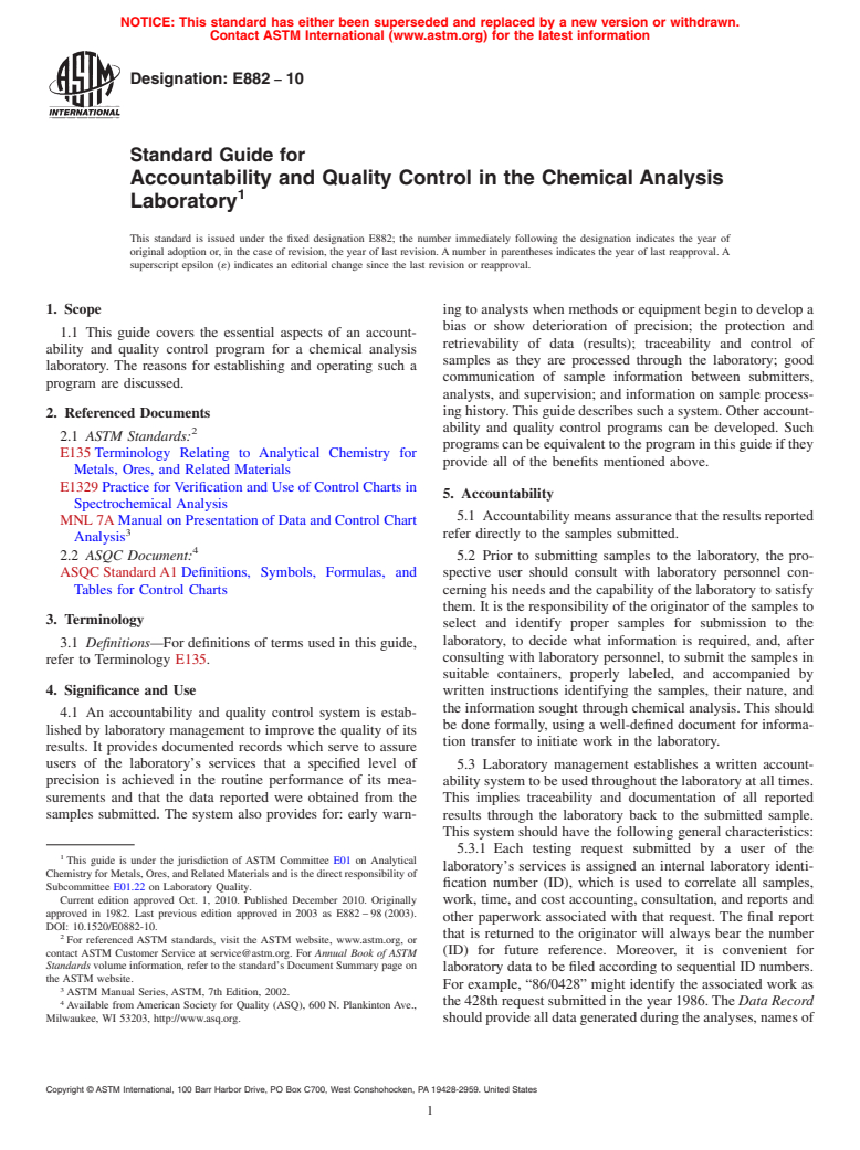 ASTM E882-10 - Standard Guide for  Accountability and Quality Control in the Chemical Analysis Laboratory