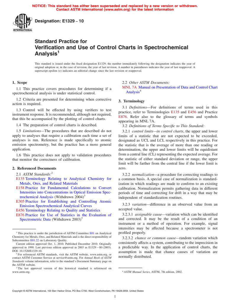 ASTM E1329-10 - Standard Practice for Verification and Use of Control Charts in Spectrochemical Analysis (Withdrawn 2019)