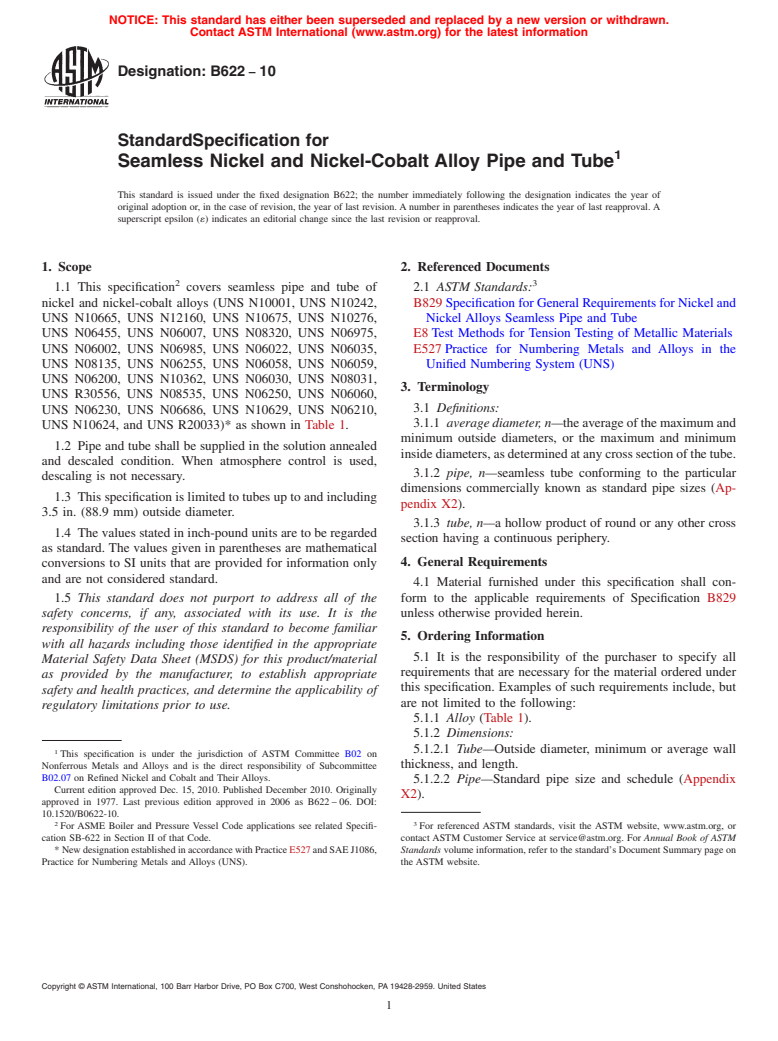 ASTM B622-10 - Standard Specification for Seamless Nickel and Nickel-Cobalt Alloy Pipe and Tube