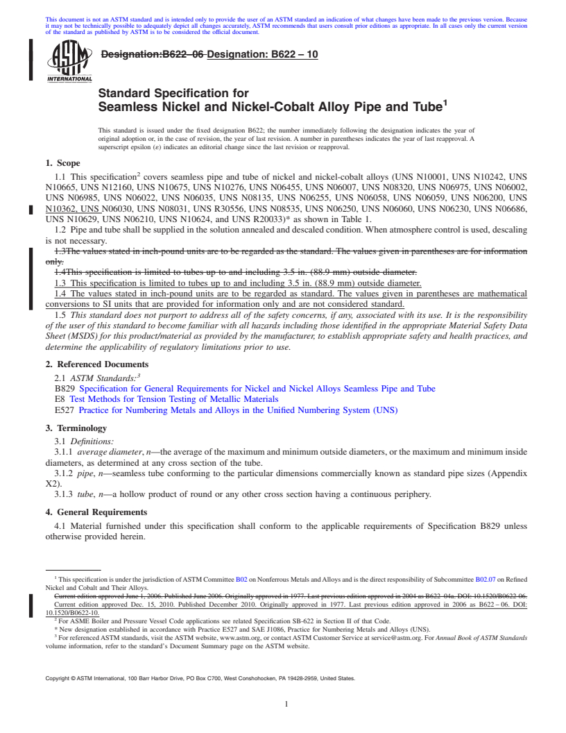 REDLINE ASTM B622-10 - Standard Specification for Seamless Nickel and Nickel-Cobalt Alloy Pipe and Tube