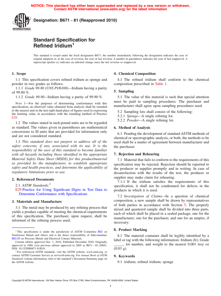 ASTM B671-81(2010) - Standard Specification for Refined Iridium