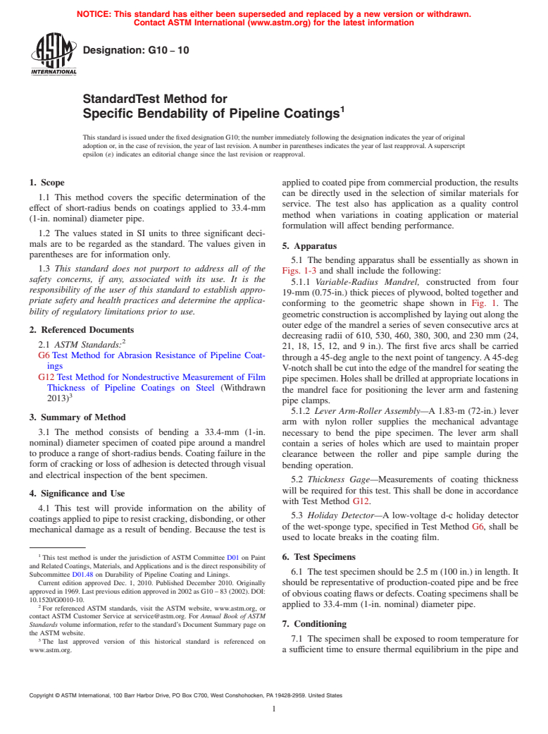 ASTM G10-10 - Standard Test Method for Specific Bendability of Pipeline Coatings