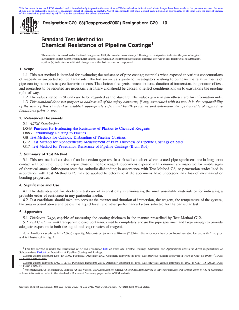 REDLINE ASTM G20-10 - Standard Test Method for Chemical Resistance of Pipeline Coatings