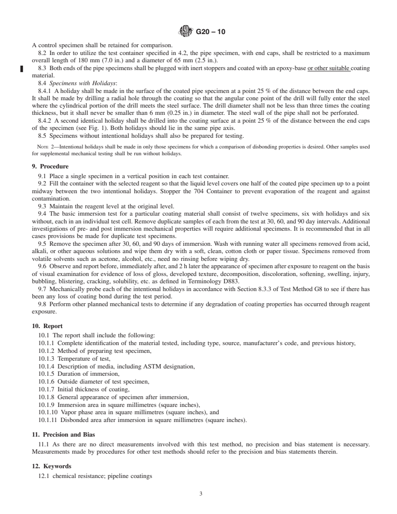 REDLINE ASTM G20-10 - Standard Test Method for Chemical Resistance of Pipeline Coatings