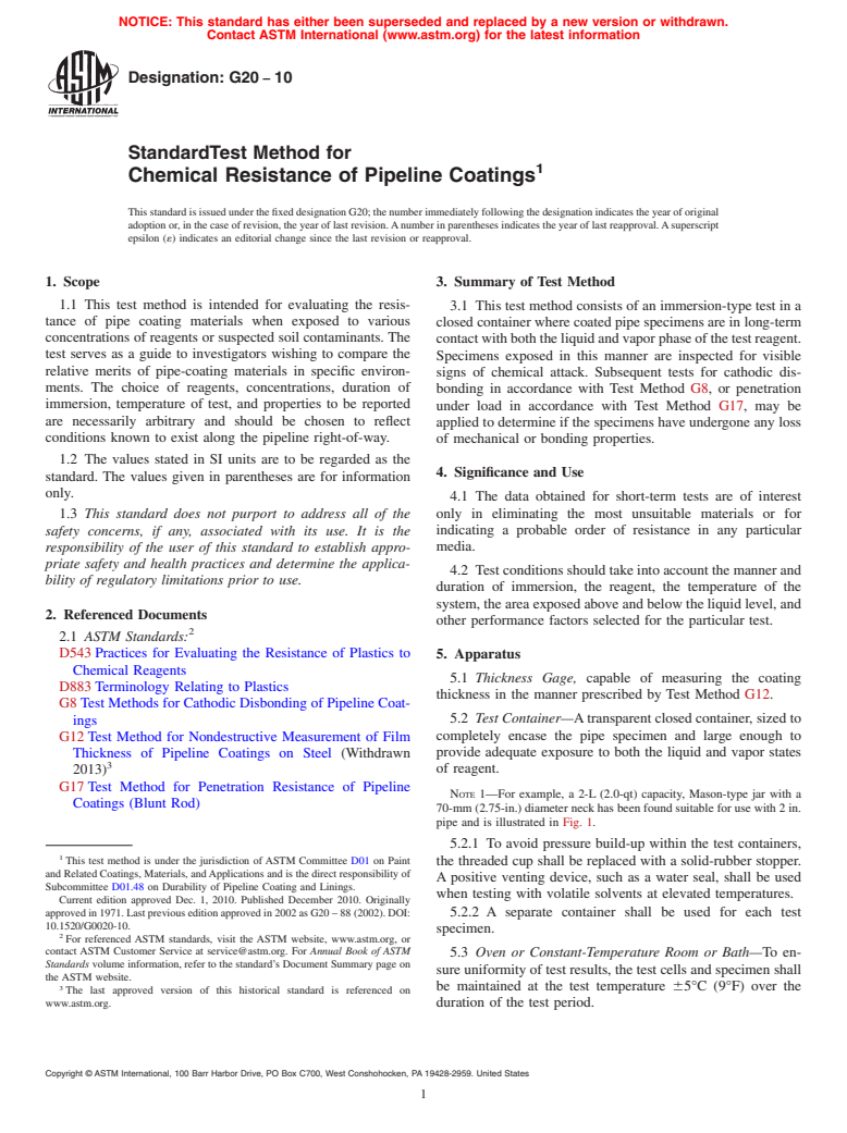 ASTM G20-10 - Standard Test Method for Chemical Resistance of Pipeline Coatings