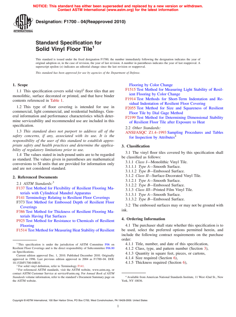 ASTM F1700-04(2010) - Standard Specification for Solid Vinyl Floor Tile