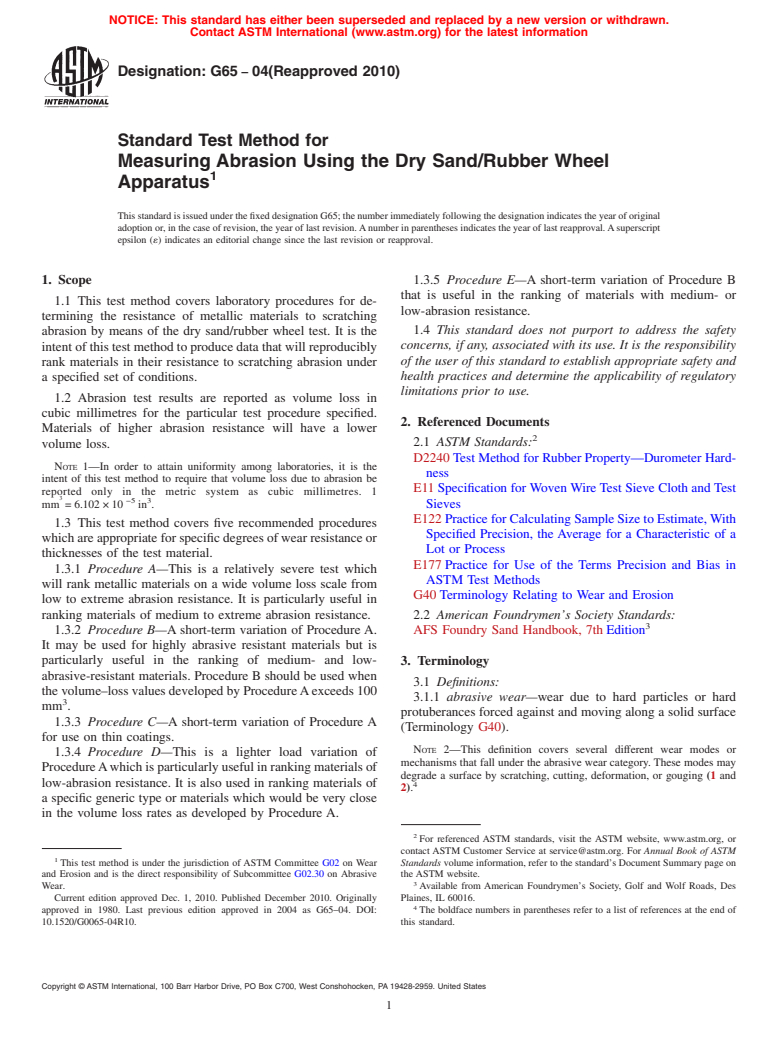 ASTM G65-04(2010) - Standard Test Method for Measuring Abrasion Using the Dry Sand/Rubber Wheel Apparatus