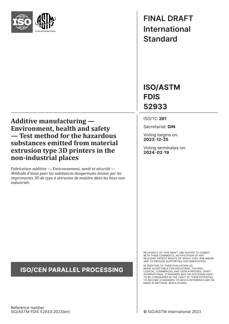 ISO/ASTM FDIS 52933 - Additive manufacturing — Environment, health and safety — Test method for the hazardous substances emitted from material extrusion type 3D printers in the non-industrial places
Released:11. 12. 2023