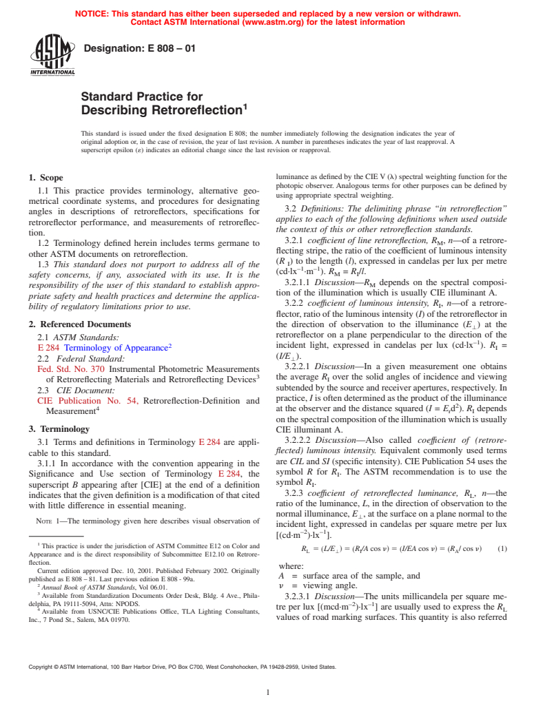 ASTM E808-01 - Standard Practice for Describing Retroreflection