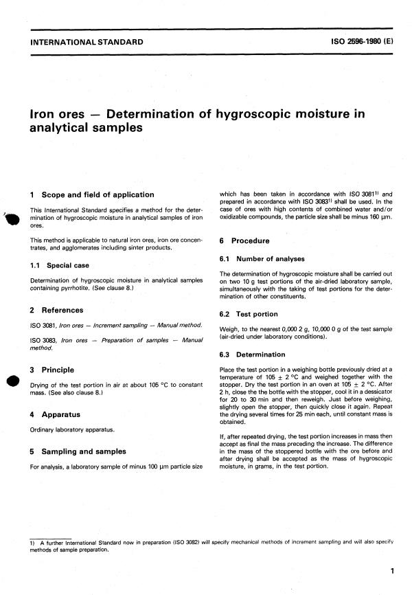 ISO 2596:1980 - Iron ores -- Determination of hygroscopic moisture in analytical samples