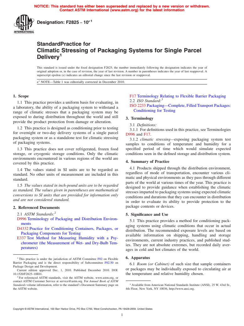 ASTM F2825-10e1 - Standard Practice for Climatic Stressing of Packaging Systems for Single Parcel Delivery